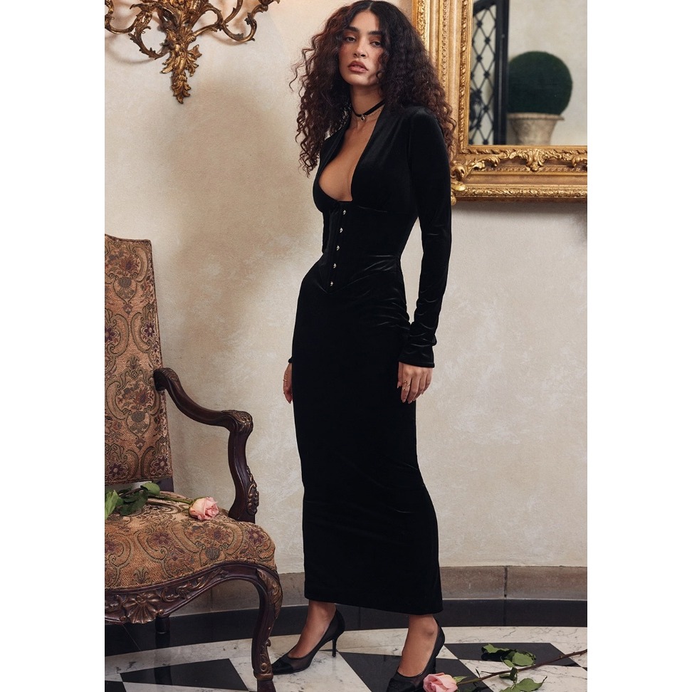 House Of Cb Arabella Black Velvet Corset Dress Romantic Victorian Goth Size S